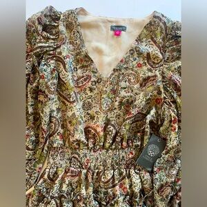 Vince Camuto‎ Women's Small Paisley Print Metallic Tiered Mini Dress NWT